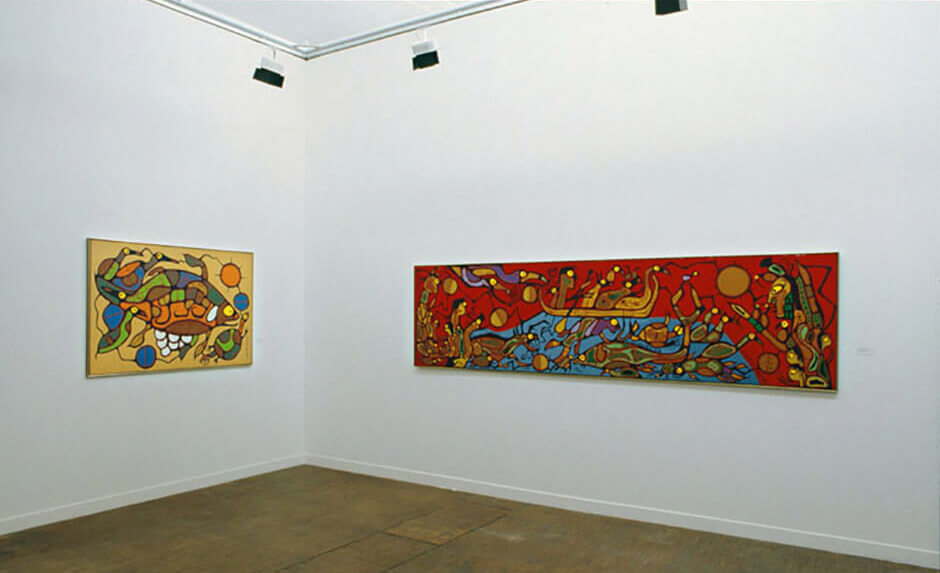 Art Canada Institute, Norval Morrisseau, Installation view of two works by Morrisseau in Magiciens de la Terre, 1989.