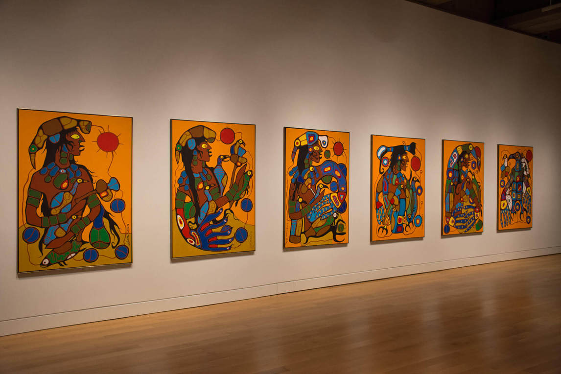 Art Canada Institute, Norval Morrisseau, Installation view of all six panels of Norval Morrisseau, Man Changing into Thunderbird, 1977