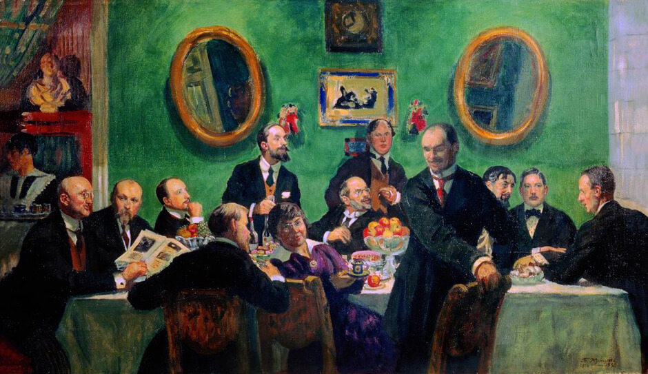 Art Canada Institute, Boris Kustodiev, Group Portrait of the Mir Iskusstva Artists. A Study for an Unpainted Picture, 1916–20