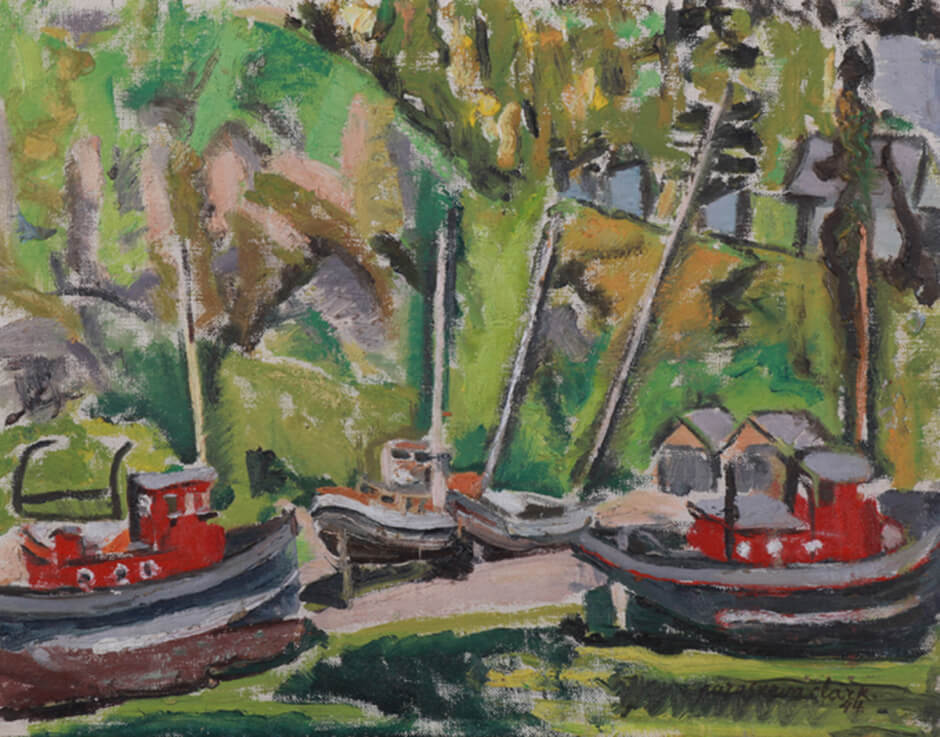 Art Canada Institute, Paraskeva Clark, Sketch for Tadoussac, Boats in Dry Dock, 1944