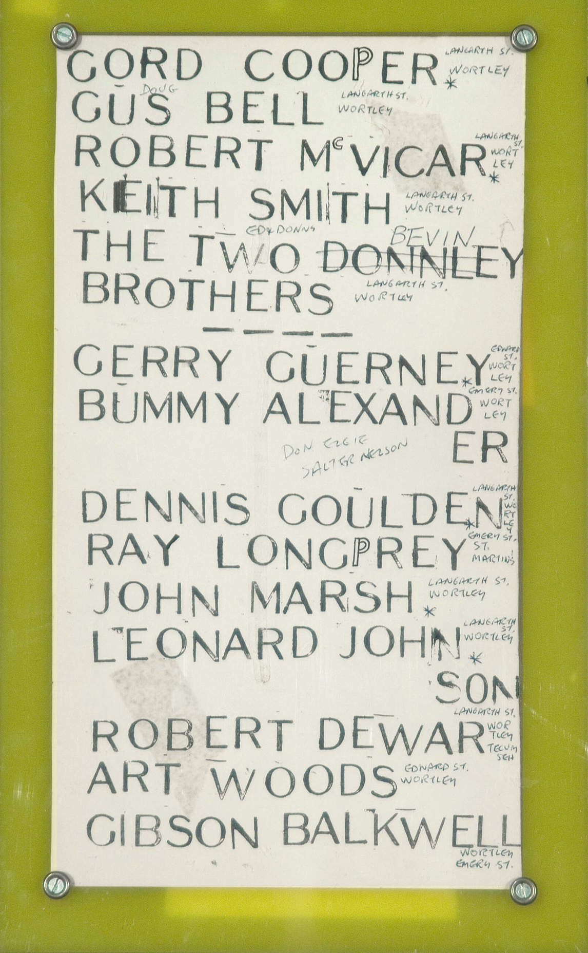 Art Canada Institute, Greg Curnoe, List of Names from Wortley Road School, 1962