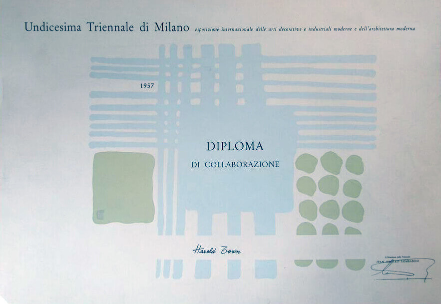 Art Canada Institute, Certificate presented to Town for his participation in the Milan Triennale, 1957