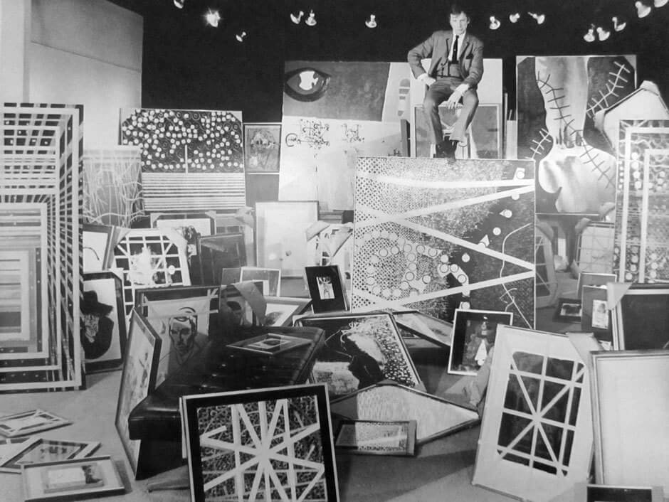 Art Canada Institute, Harold Town with his paintings at the Mazelow Gallery in Toronto in 1967