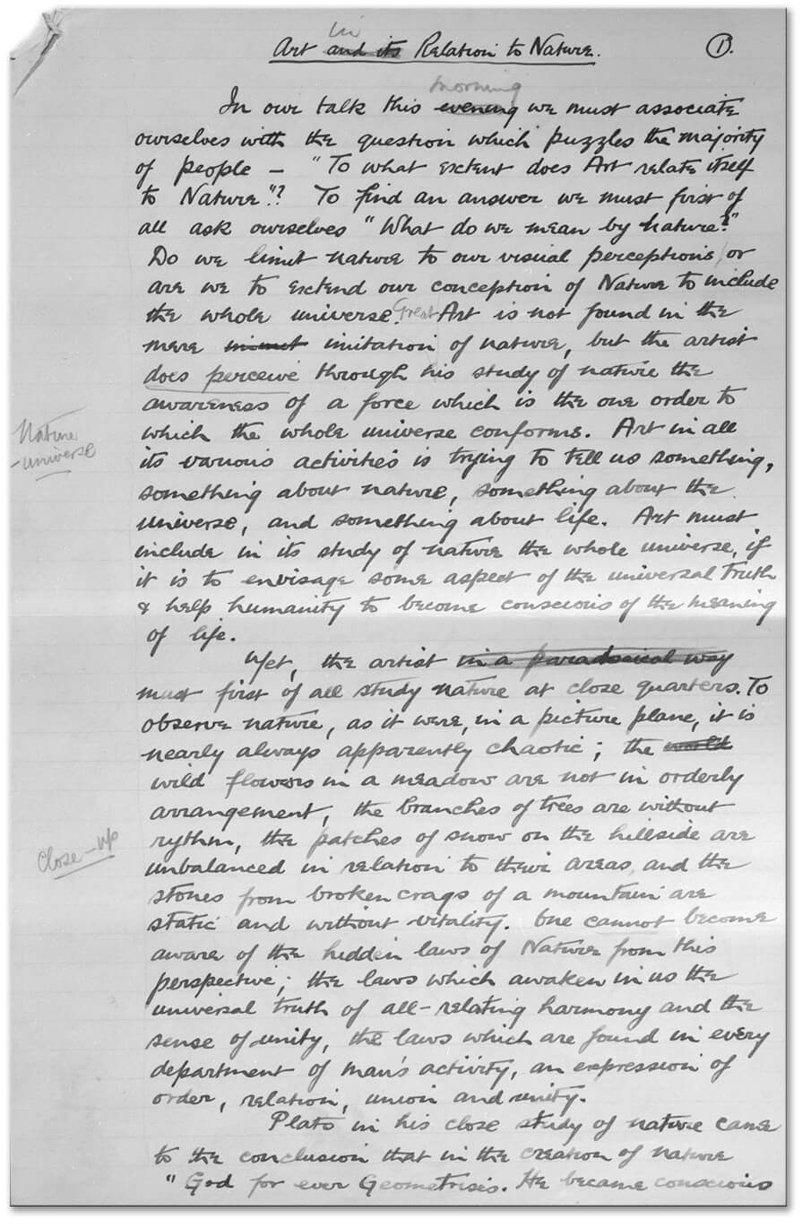 Art Canada Institute, Jock Macdonald, First page of the notes for a lecture, 'Art in Relation to Nature', first delivered by Jock Macdonald in February 1940