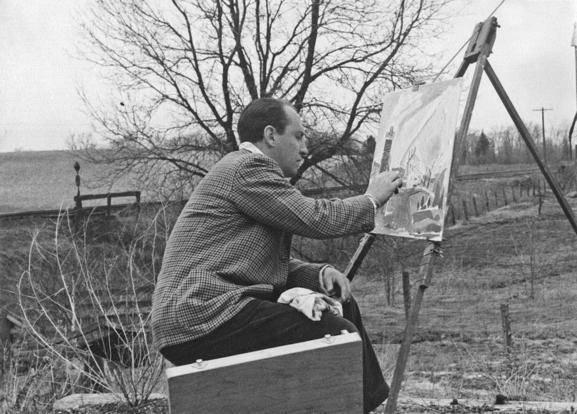 Art Canada Institute, Oscar Cahen painting outdoors in King Township, Ontario, c. 1949