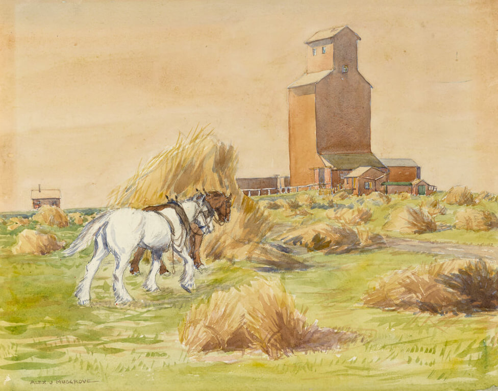 Art Canada Institute, Alexander J. Musgrove, Country Elevator with Horses and Field of Hay, c. 1920–29