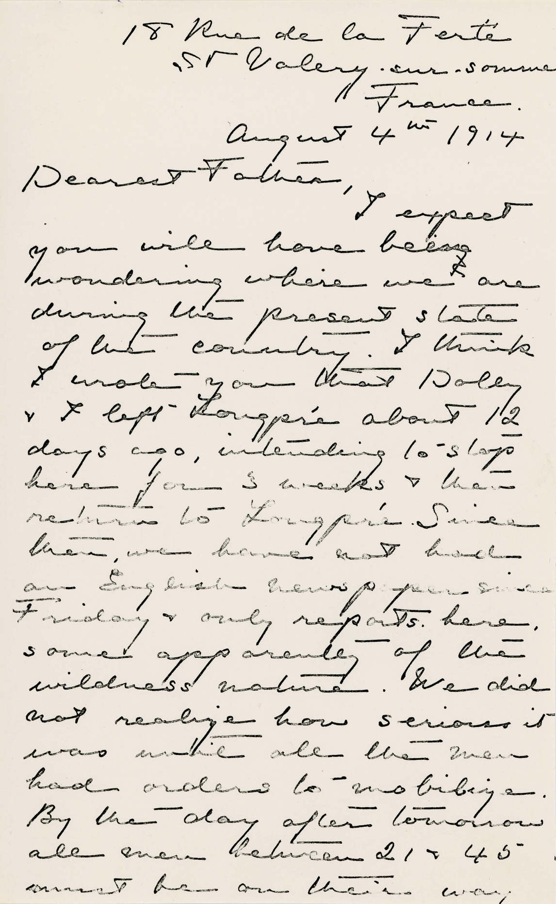 First page of McNicoll’s letter from France describing the outbreak of the First World War and the mobilization of French troops. 