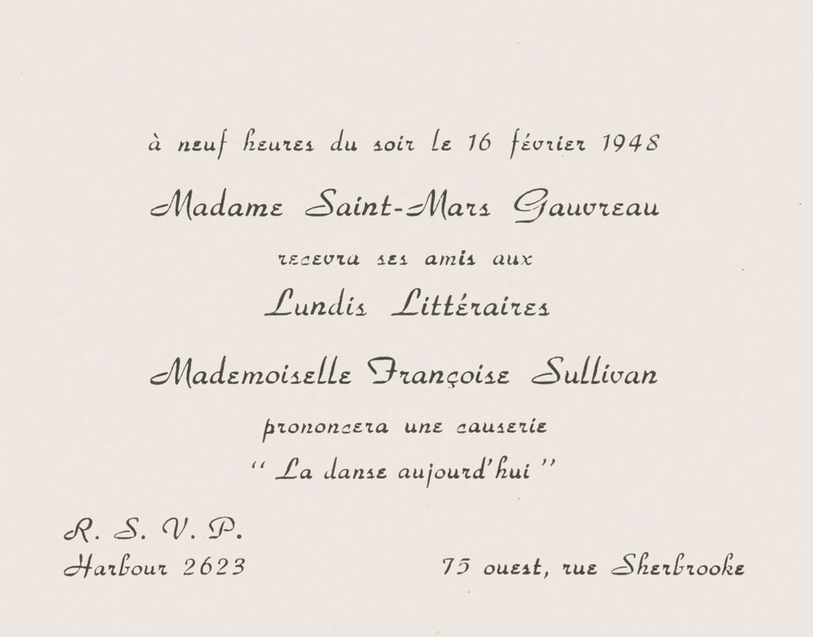 Invitation à la lecture publique intitulée « La danse aujourd’hui », donnée par Françoise Sullivan, le 16 février 1948.