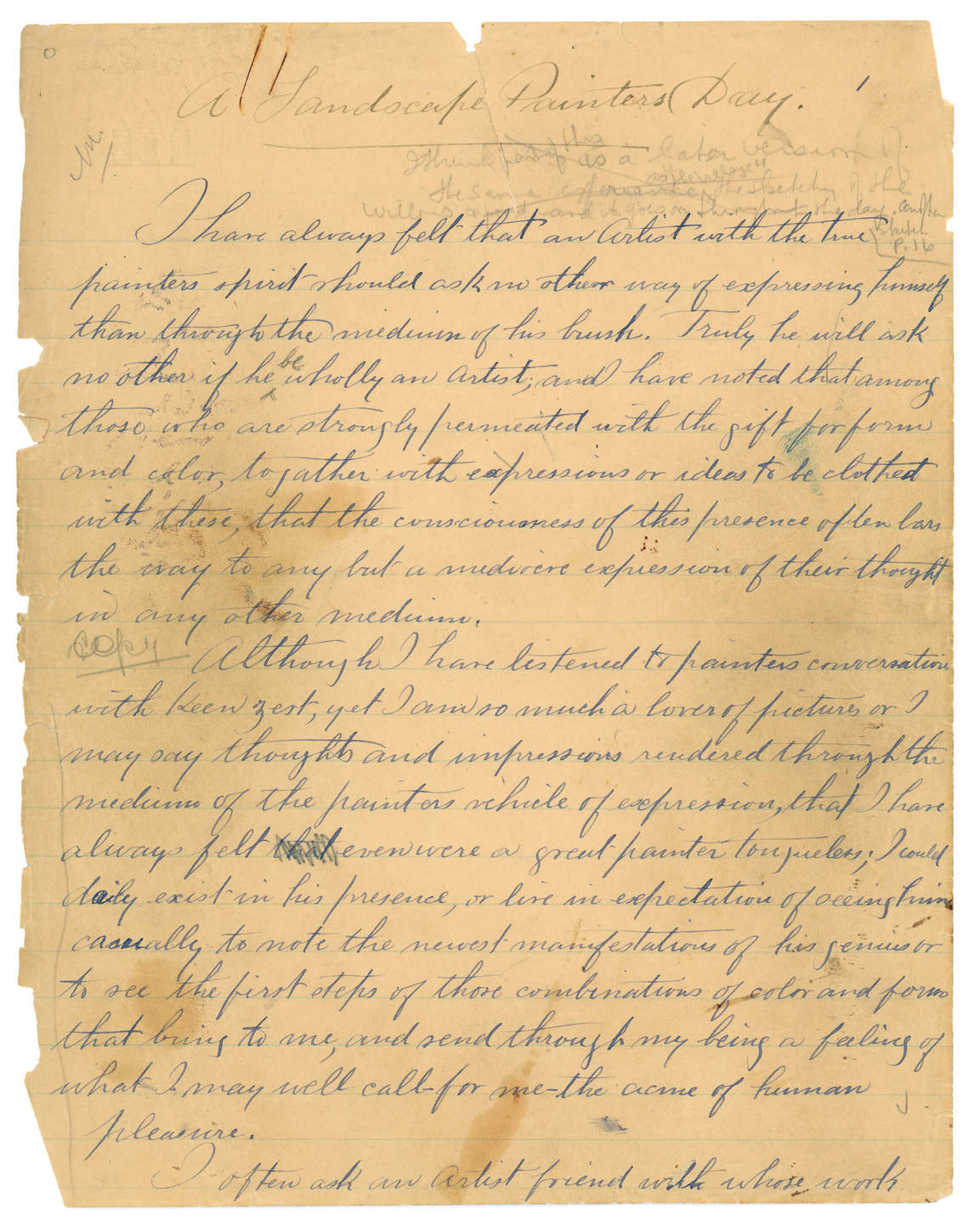 Homer Watson, “A Landscape Painter’s Day,” first page from a prose manuscript, n.d.