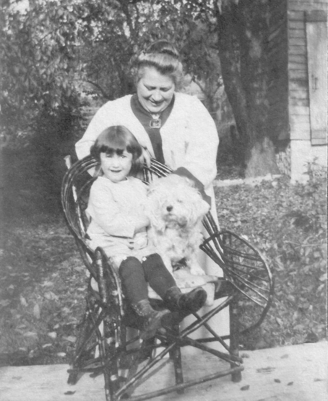Roxanna “Roxa” Watson with Mary Watson and Rex the dog, Doon, 1917