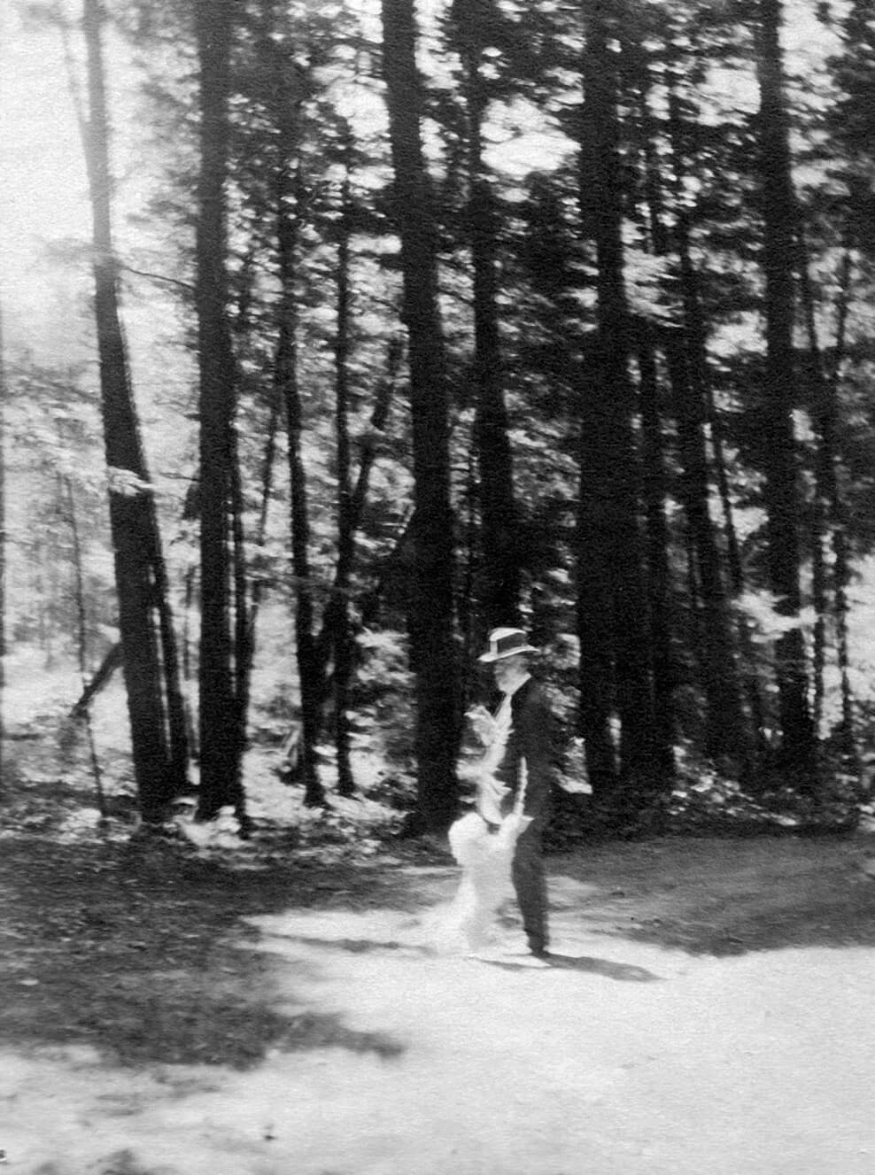 Homer Watson with Rex the dog in Cressman’s Woods, 1925