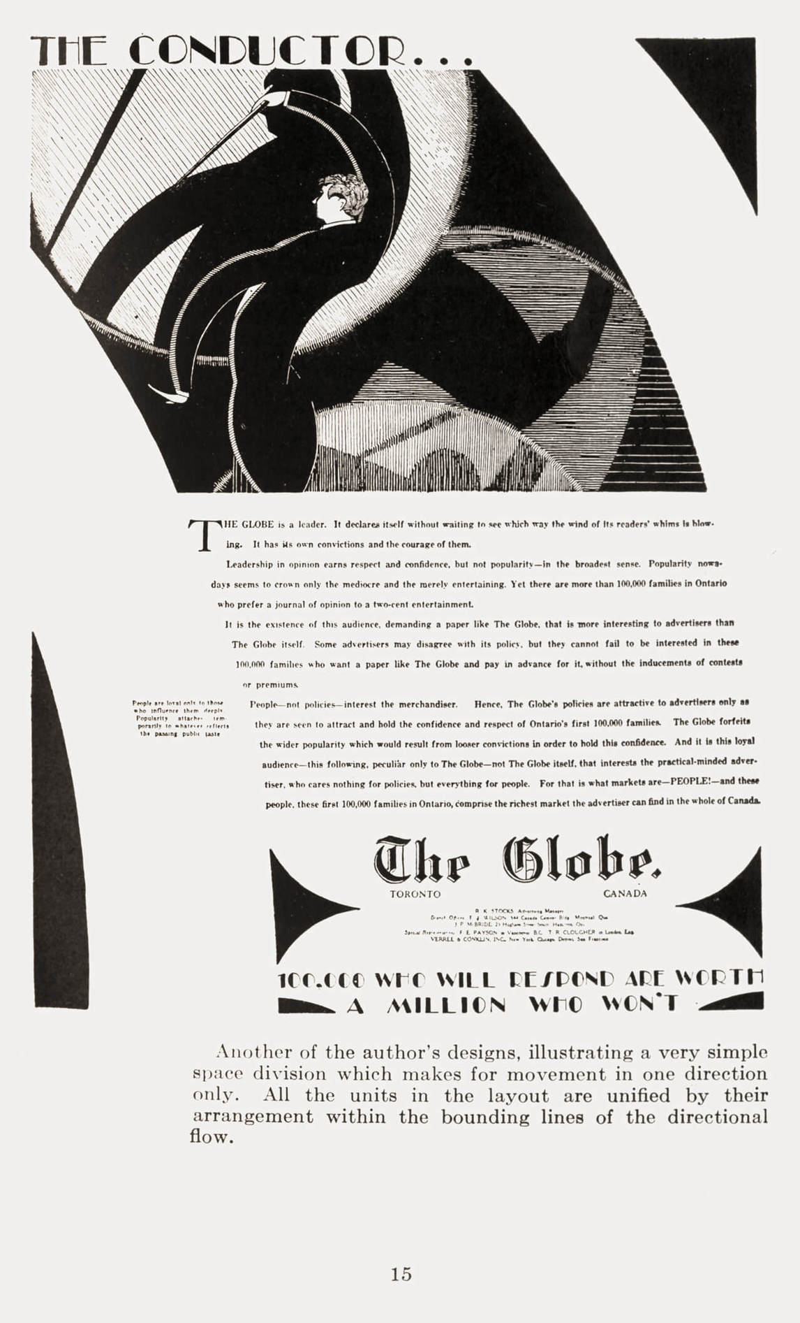 Art Canada Institute, Bertram Brooker, Advertisement for The Globe, “The Conductor,” published in Brooker, Layout Technique in Advertising (1929)