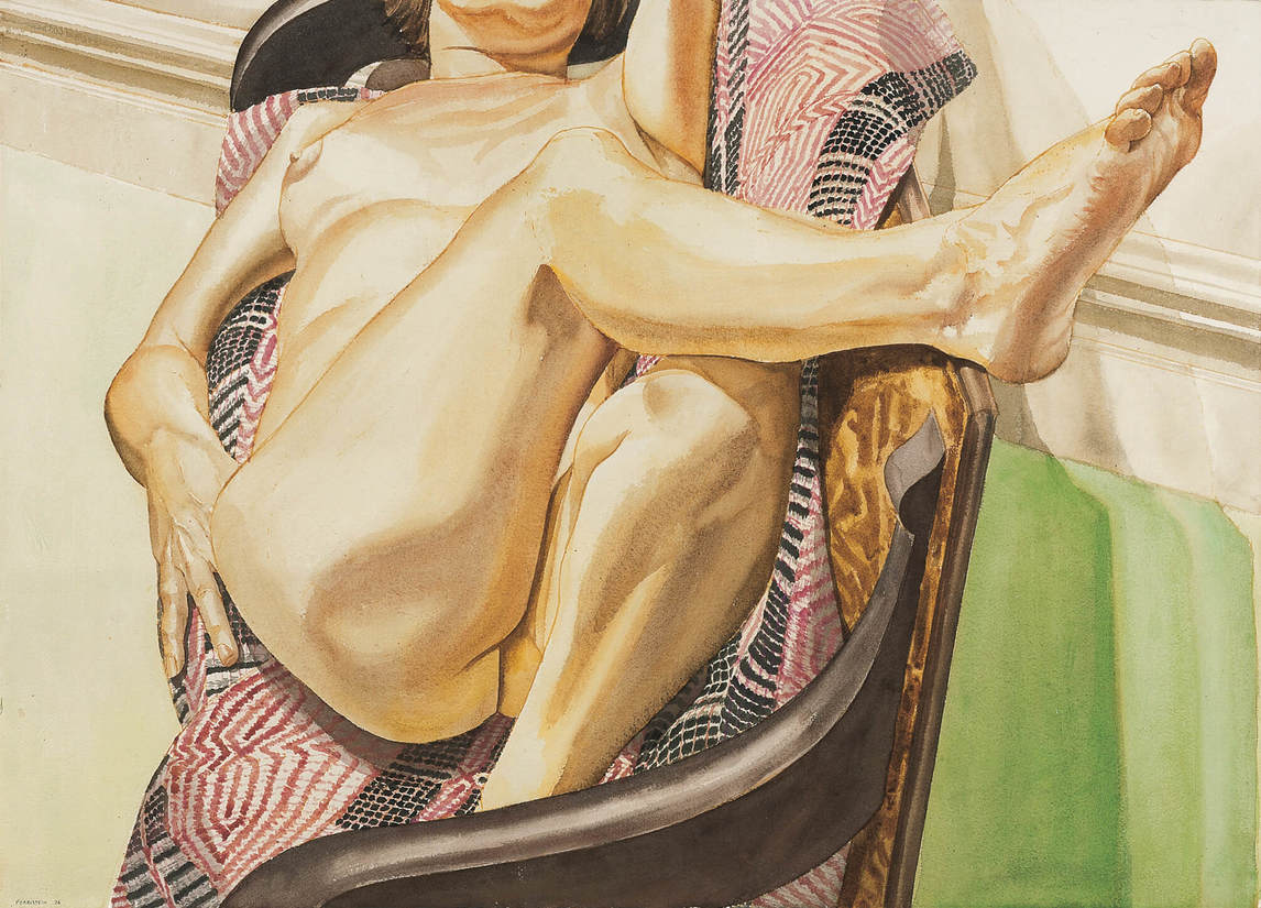 Art Canada Institute, Philip Pearlstein, Female Model Reclining on Red and Black American Bedspread, 1976