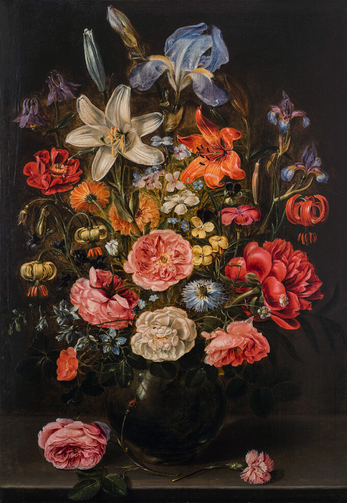 A Still Life of Lilies, Roses, Iris, Pansies, Columbine, Love-in-a-Mist, Larkspur and Other Flowers in a Glass Vase on a Table Top, Flanked by a Rose and a Carnation, 1610, by Clara Peeters