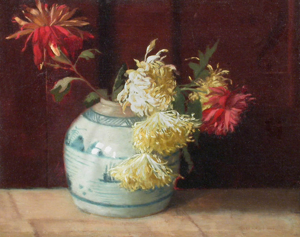 Mary Hiester Reid, Chrysanthemums in a Qing Blue and White Vase, 1892