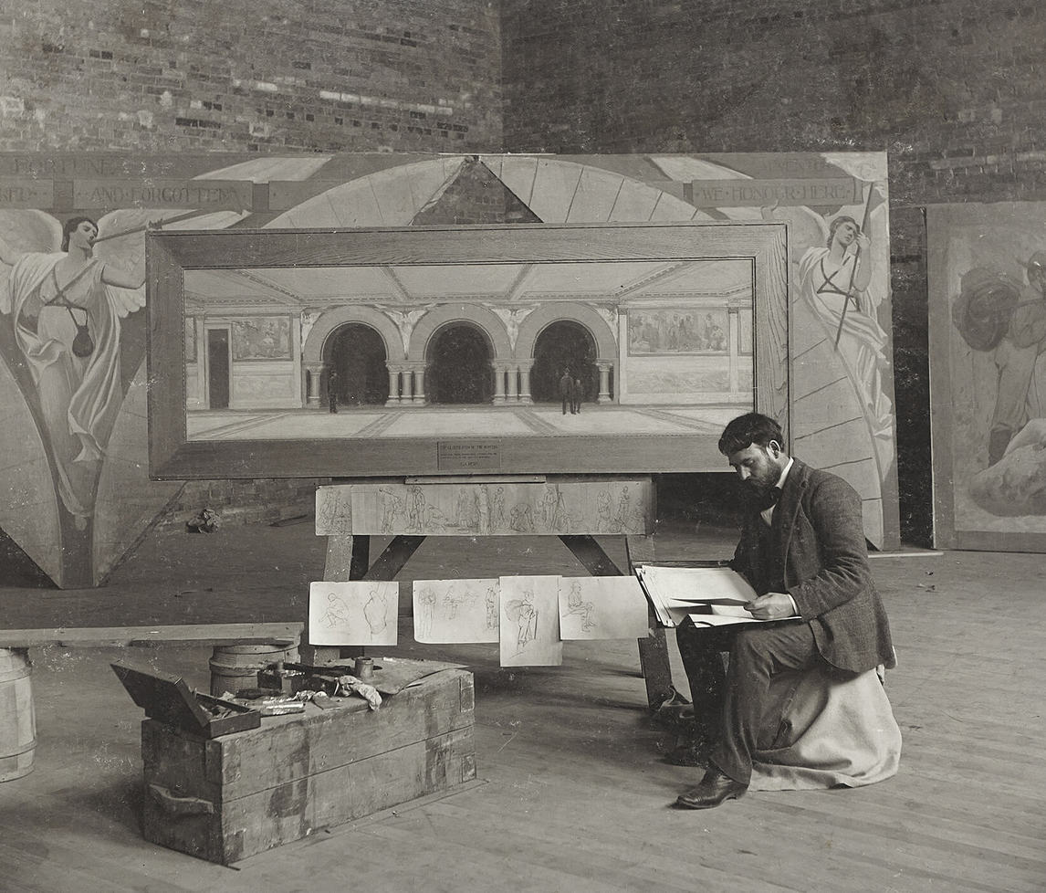 George Agnew Reid travaillant à ses peintures murales pour la Earl’s court Library (aujourd’hui une succursale de la Toronto Public Library) à Toronto