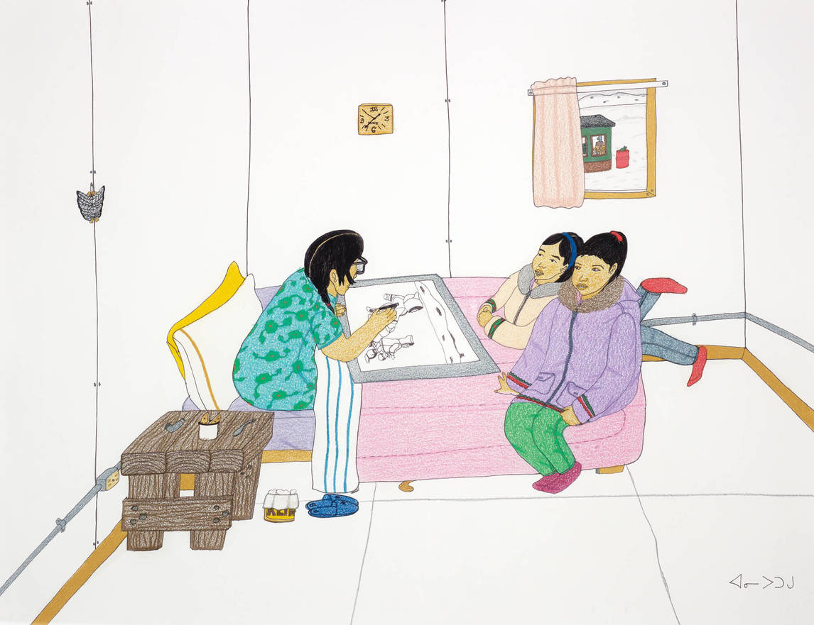 Annie Pootoogook,  Pitseolak Drawing with Two Girls on Her Bed (Pitseolak dessinant avec deux filles sur son lit), 2006