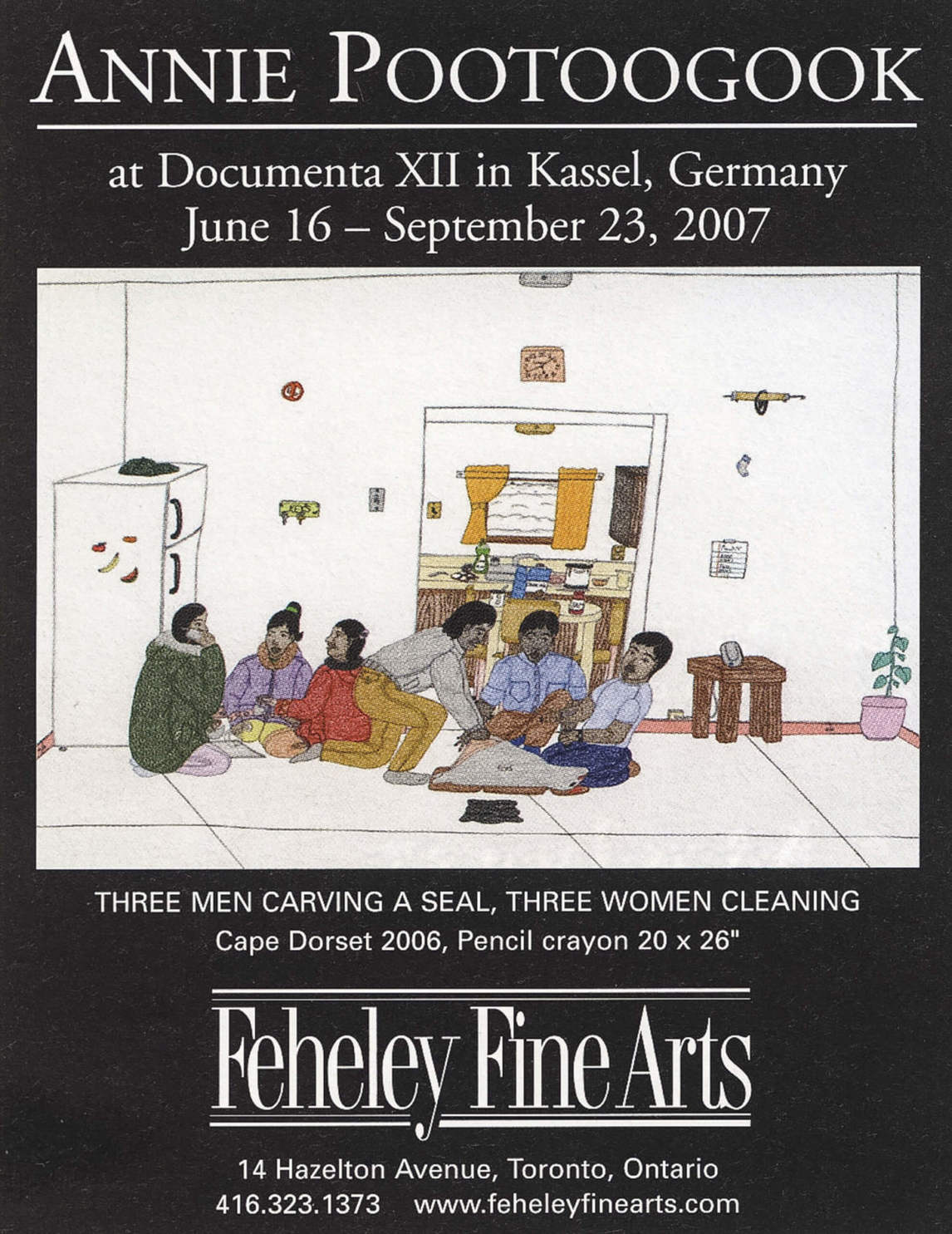 Promotional poster by Feheley Fine Arts for Annie Pootoogook at documenta 12