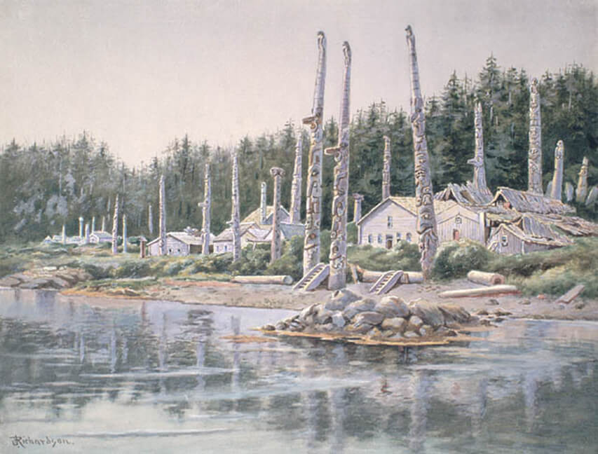 Art Canada Institute, Emily Theodore J. Richardson, Totem Poles and Houses of the Kaigani Haidas at Old Kasaan, Prince of Wales Island, Alaska</em>, c. 1903