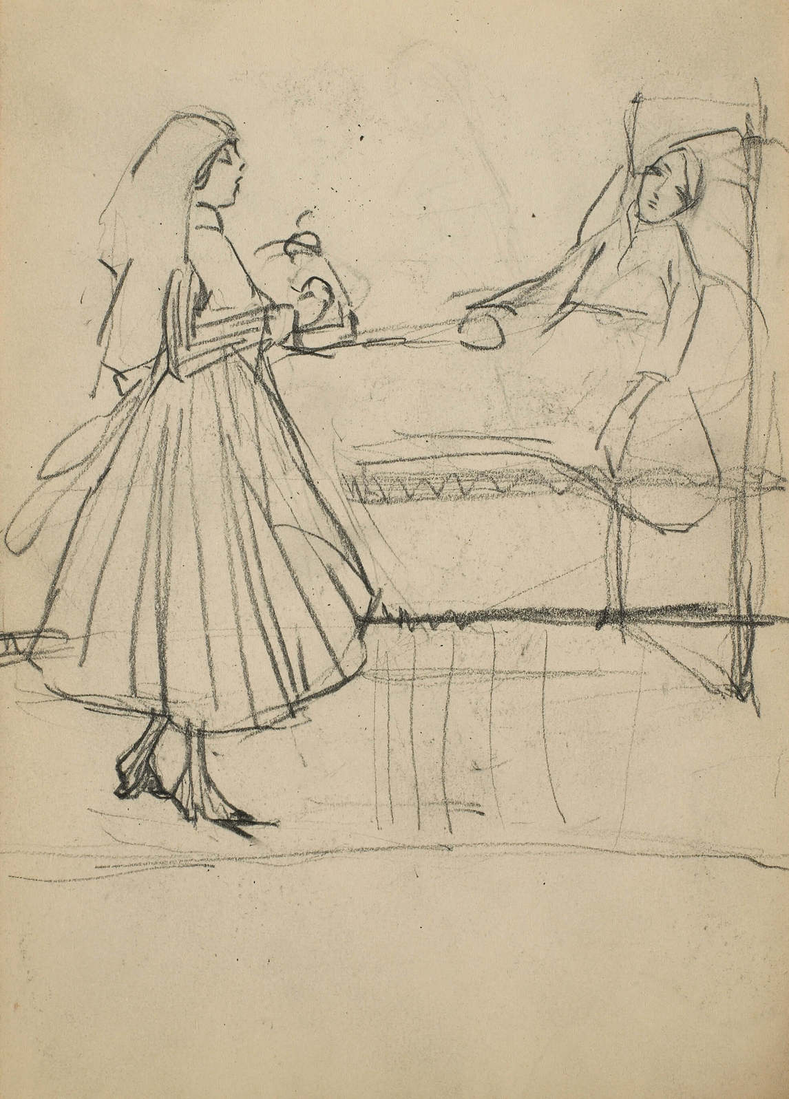 Art Canada Institute, Prudence Heward, Untitled (Figural sketch of a nurse and a patient), c. 1916, Sketchbook 2