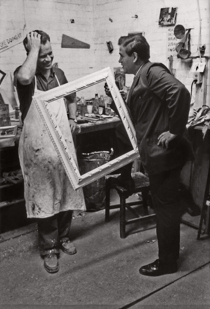 Art Canada Institute, William Kurelek, William Kurelek and Avrom Isaacs in the Isaacs Gallery framing workshop, c. 1960s