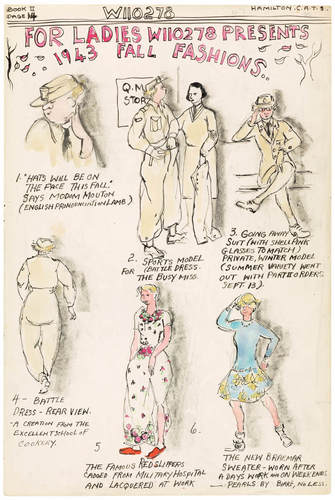 Molly Lamb, « Pour ces dames, W110278 présente la mode automnale de 1943 », 1943, illustration en couleur tirée de W110278: The Personal War Records of Private Lamb, M., 1942-1945